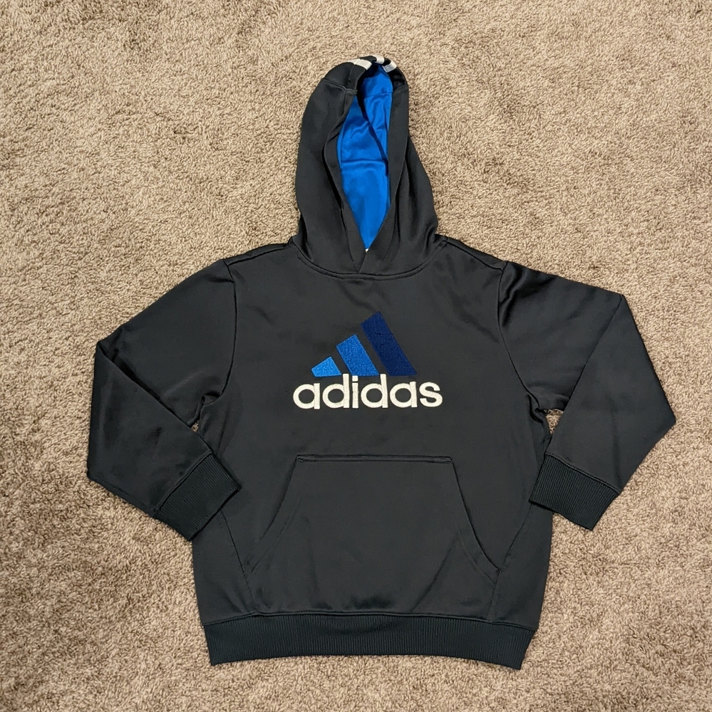 Boys grey Adidas hoodie sweatshirt with blue logo size small